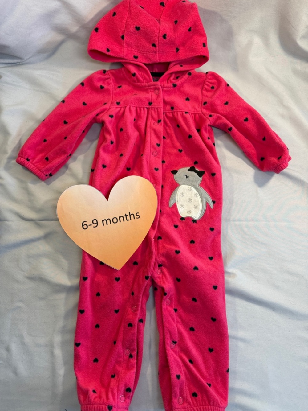 Carter's - NWOT - Pink Fleece Baby Onesie/hooded romper with Heart Accents